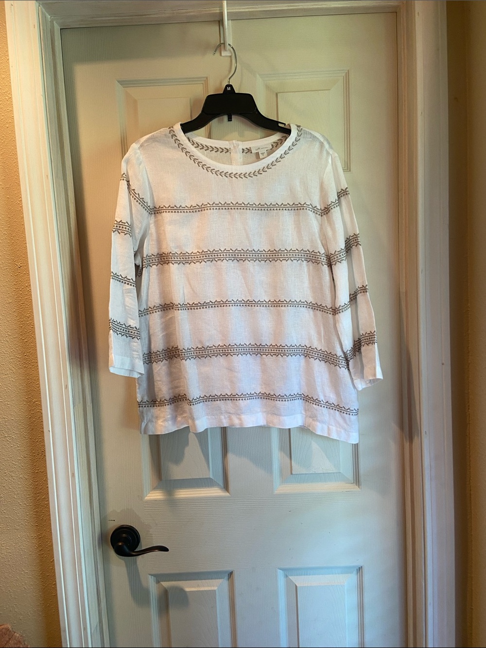 J. Jill White Long-Sleeve Striped linen Embroidered Top